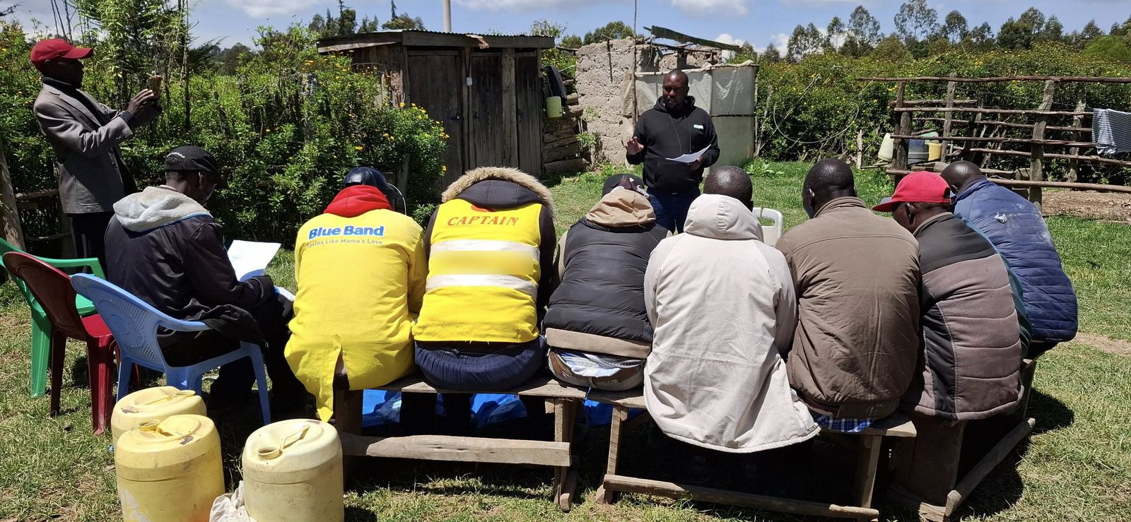 Boda boda riders attending an outdoor first aid session in Kinangop